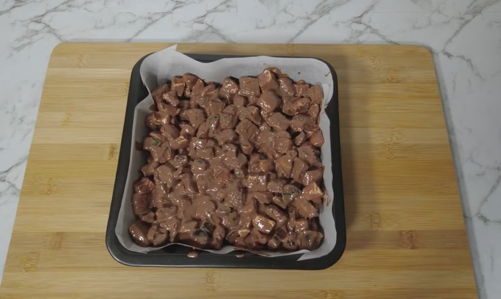 In the tin rocky-road-in-tin.jpg Rocky Road mixture pressed into a lined slice tin ready for the fridge