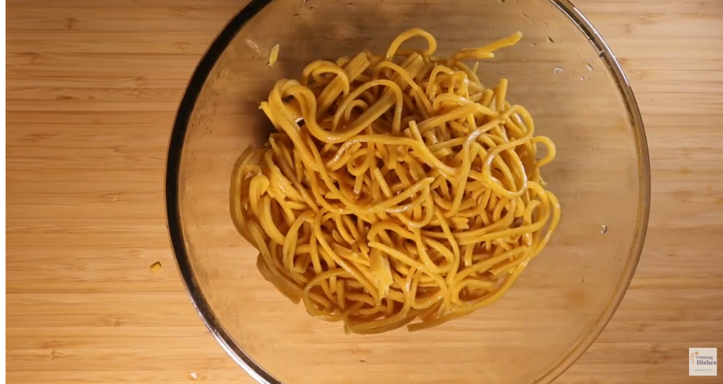 Prepared Hokkien Noodles in a Glass Bowl.