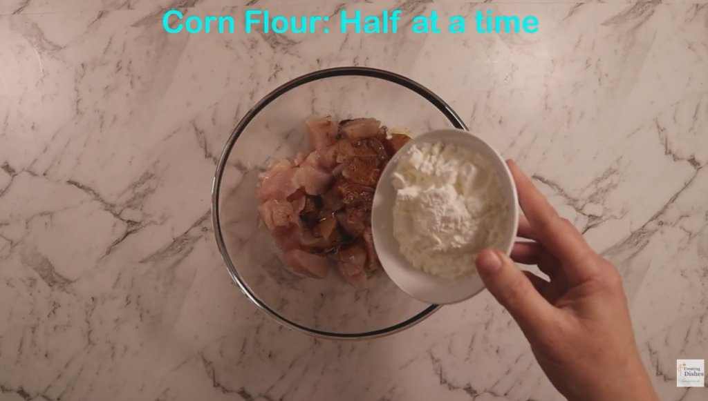 Diced chicken seasoned with soy and cornflour